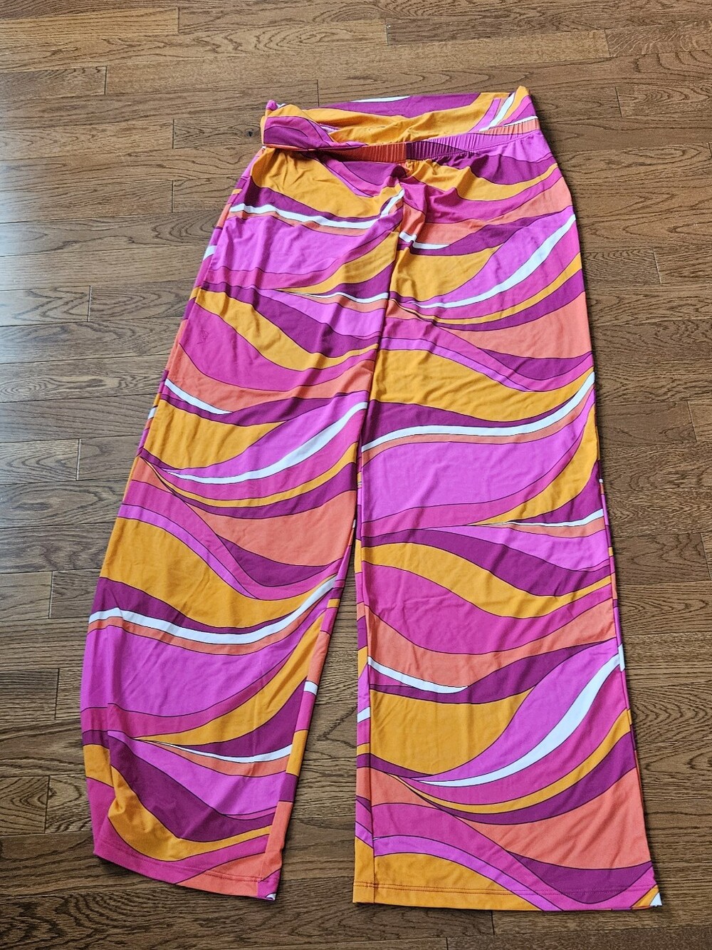 Brand New Beach Vibrant Wave-Print Wide Leg Pants - Pink, Orange, White